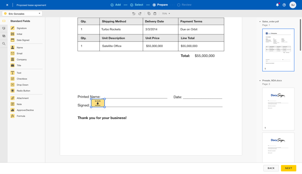 docusign dragging and dropping form fields